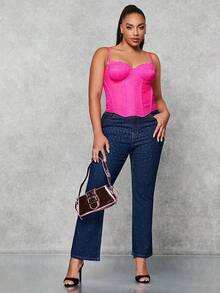 SHEIN BAE Hơn Mảnh Lace Áo yếm ôm sát ngực - Màu Hồng Tươi - Xem 3