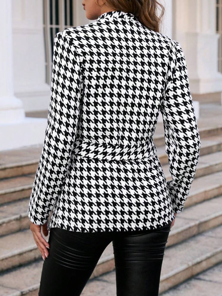 Houndstooth Print Waterfall Collar Overcoat