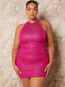 SHEIN BAE 圣诞系列交叉露背褶饰亮片紧身连衣裙 - 玫紅色 - 查看 1