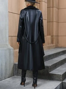 SHEIN Clasi 西裝領腰帶PU皮革圍裹側打結斜口袋外套 - 黑色 - 查看 2