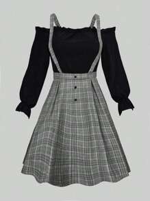 Calvaya Plus Plaid Print Cold Shoulder Flounce Sleeve 2 In 1 Dress Fall Cloth For Women