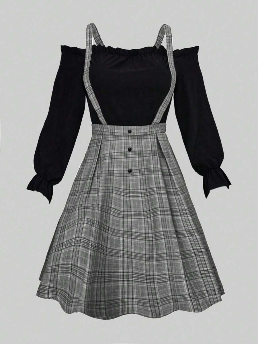 Calvaya Plus Plaid Print Cold Shoulder Flounce Sleeve 2 In 1 Dress Fall Cloth For Women