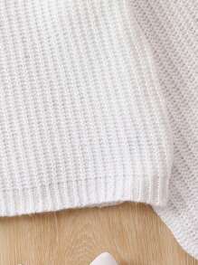 青少年女孩高領燈籠袖條紋針織套頭毛衣 - 白色 - 查看 4