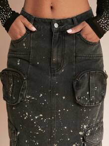 SHEIN BAE Falda en mezclilla con estampado de tinte de salpicadura con bolsillo con solapa con abertura trasera - Gris - Ver 5