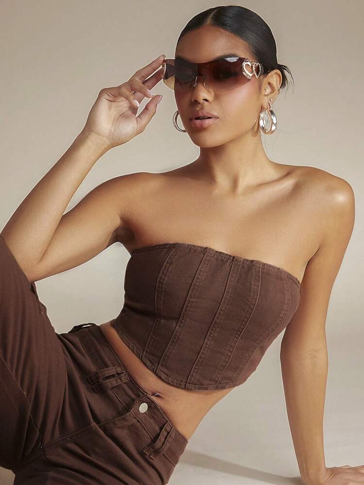 Solid Crop Denim Tube Top