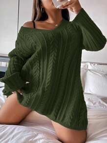 SHEIN CURVE+ Plus Cable Knit Drop Shoulder Sweater Dress - Army Green - View 1
