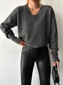 EURMUSE V Neck Drop Shoulder Sweater - Dark Grey - View 1
