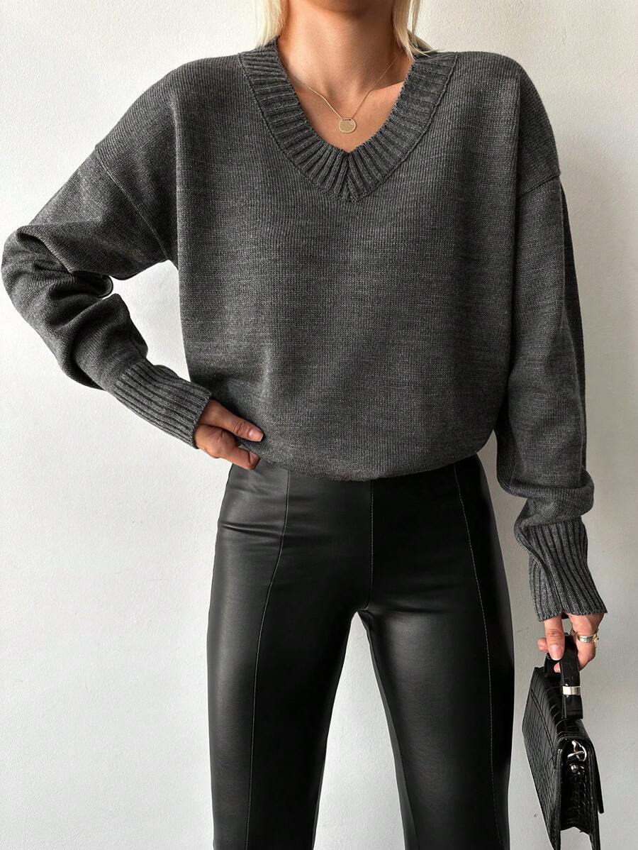 EURMUSE V Neck Drop Shoulder Sweater - Dark Grey - View 1