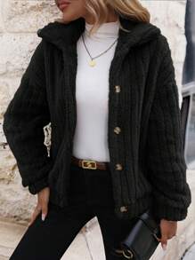 EMERY ROSE Thả vai Nút phía trước Áo Teddy Jackets - màu đen - Xem 1