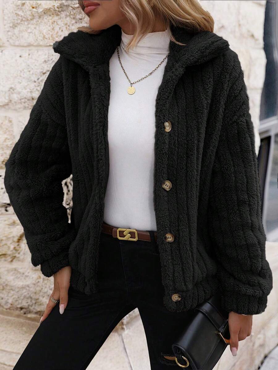 EMERY ROSE Thả vai Nút phía trước Áo Teddy Jackets - màu đen - Xem 1