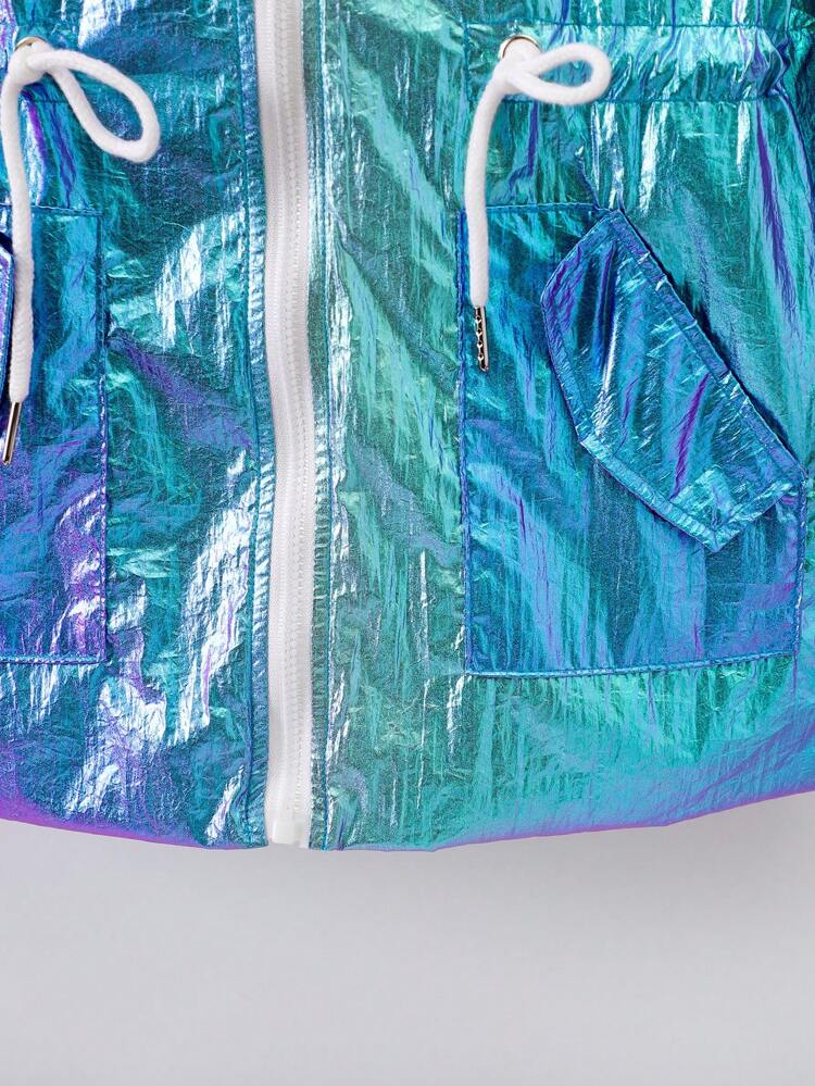 Young Girl Drawstring Waist Hooded Holographic Coat