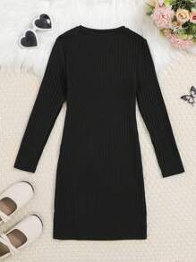 SHEIN Leap Crew Cô gái Tween Chất rắn Đồ đan Ribbed Viền chia cắt Đầm - màu đen - Xem 2