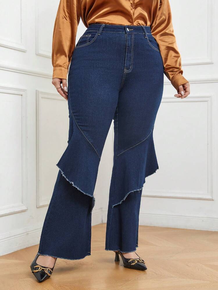 Plus High Waist Ruffle Trim Flare Leg Jeans