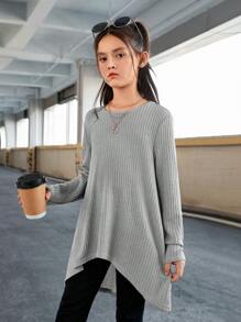 SHEIN Cô gái Tween Chất rắn Hem cao thấp Áo thun - Màu Xám nhạt - Xem 4