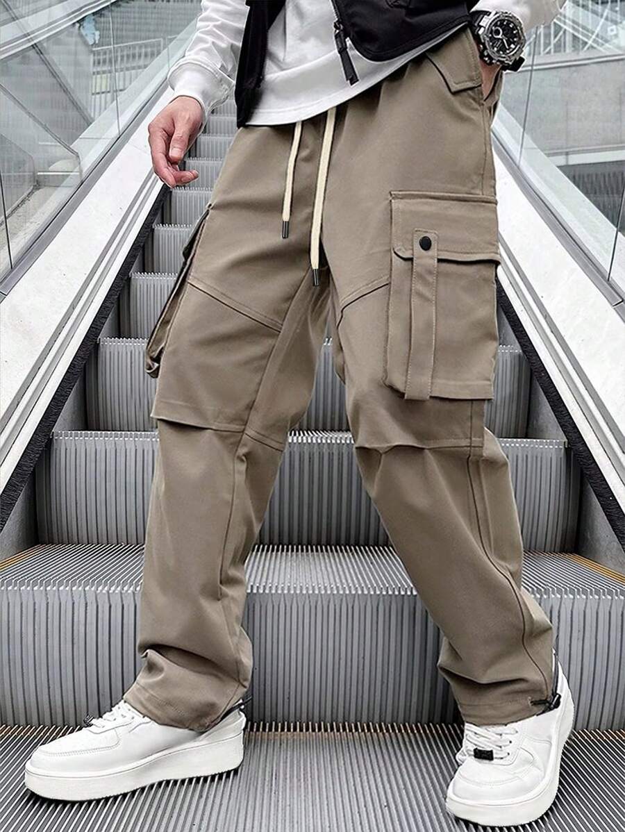 Manfinity EMRG 男士翻蓋口側拉繩腰超大尺碼貨物褲 - 卡其色 - 查看 1