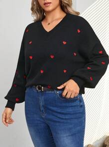 SHEIN Frenchy Women's Plus Size Heart Embroidery V-neck Drop Shoulder Sweater - Black - View 5