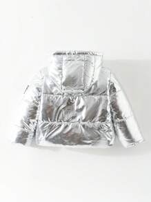 Baby Boy Letter Patched Detail Hooded Padded Coat - Silver - View 2