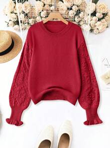 Calvaya Plus Flare Sleeve Drop Shoulder Popcorn Knit Sweater - Red - View 1