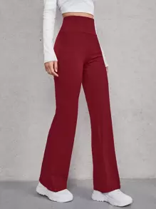 SHEIN EZwear Weinrote Hose mit hoher Taille und weitem Bein, elegant und modisch für Frauen - Bordeaux - Übersicht 5