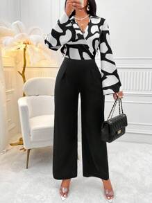 Zolique Allover Print Flare Sleeve Shirt & Wide Leg Pants - Black - View 1