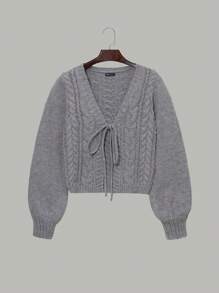 SHEIN Unity Tie Front Cable Knit Cardigan - Grey - View 1