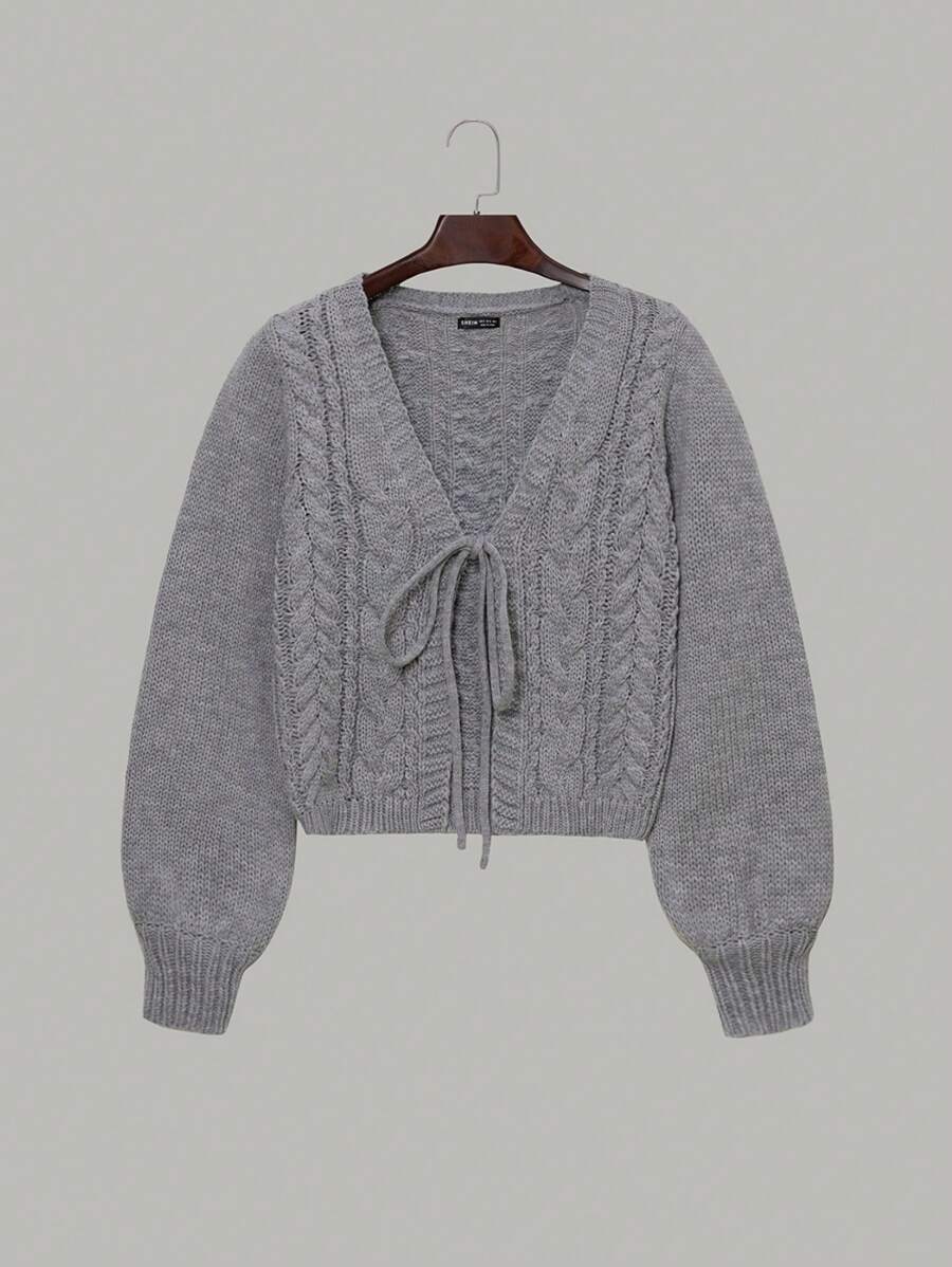 SHEIN Unity Tie Front Cable Knit Cardigan - Grey - View 1