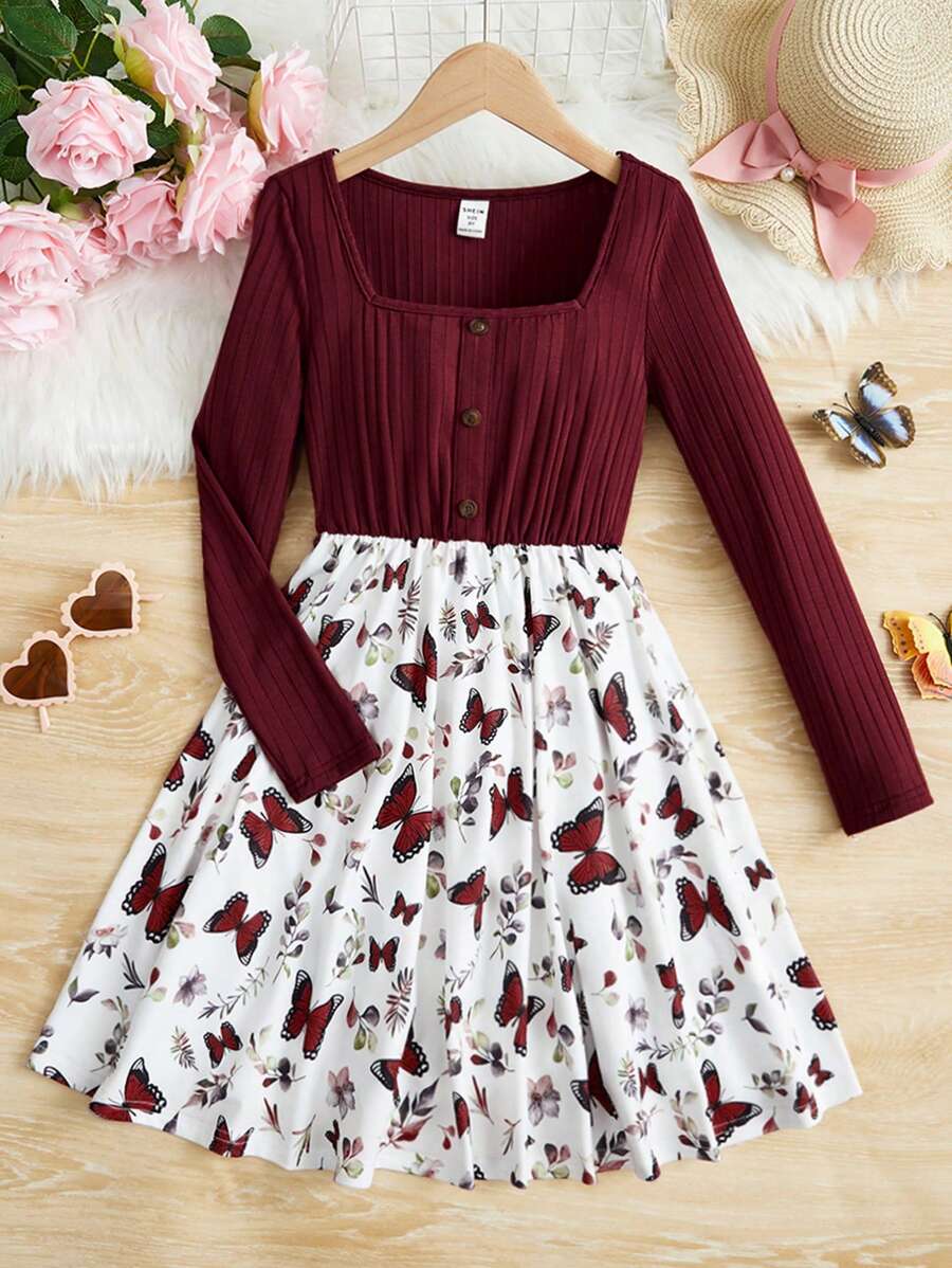 SHEIN 女大童蝴蝶圖案方領洋裝 - 酒紅色 - 查看 1