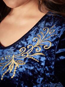 Al Najma Hơn Thêu hoa Tua Thắt lưng Nhung Đầm - Màu xanh lam - Xem 5