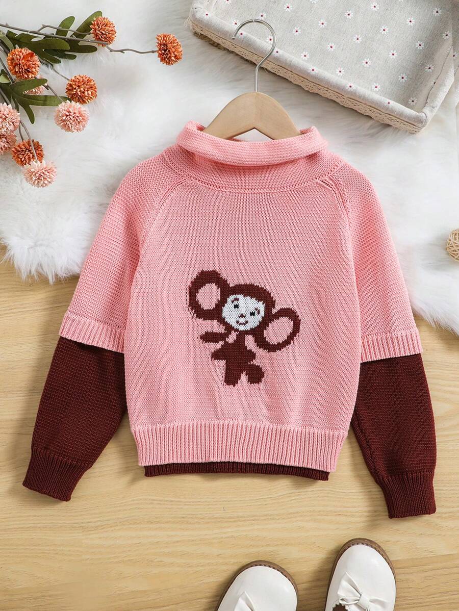 SHEIN Young Girl Colorblock Cartoon Pattern Turtleneck Raglan Sleeve Sweater - Pink - View 1