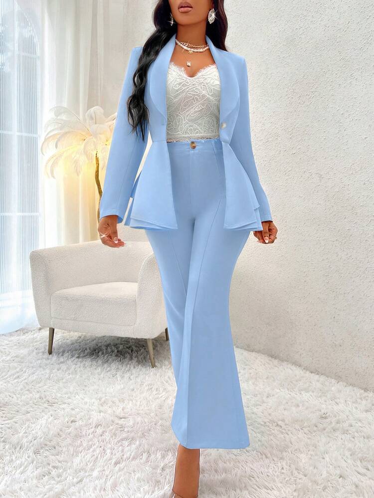 SHEIN Clasi 青果領層疊下擺單釦荷葉邊下擺西裝外套 - 淺藍色 - 查看 5