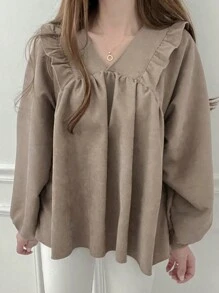 DAZY 纯色荷叶边灯笼袖罩衫、长袖上衣、秋装 - 卡其色 - 查看 6