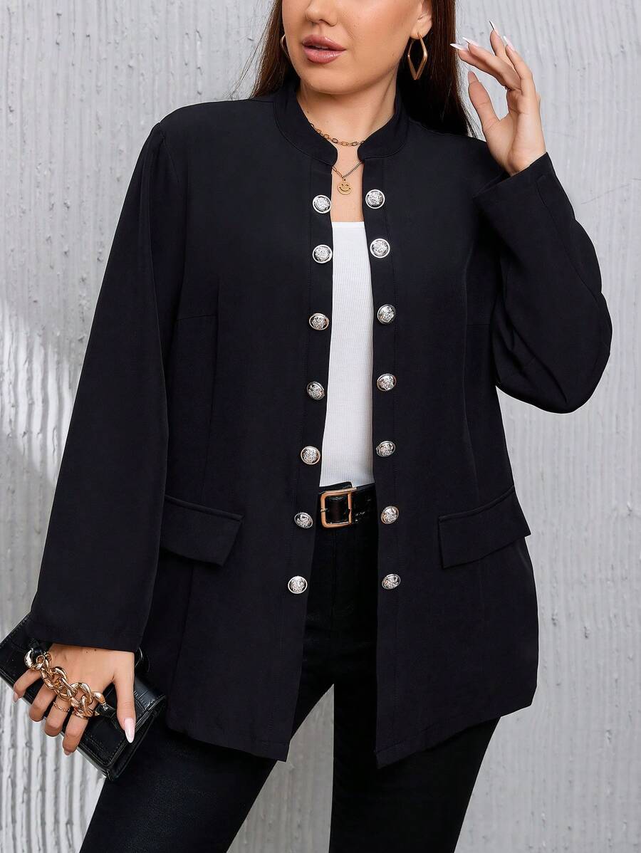 SHEIN Clasi Plus Button Front Flap Detail Coat - Black - View 1