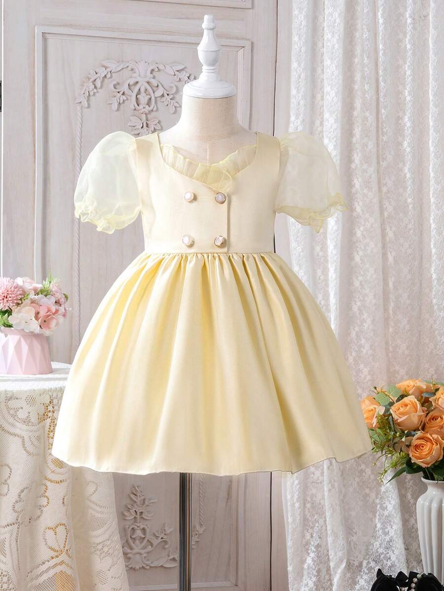 SHEIN 女小童泡泡袖雙排釦洋裝