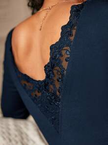 SHEIN Frenchy Contrast Lace Back Scoop Neck Tee - Navy Blue - View 7