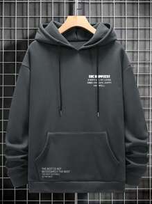 Manfinity Homme Men Slogan Graphic Kangaroo Pocket Drawstring Thermal Lined Hoodie - Dark Grey - View 3