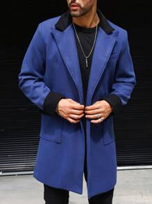 Manfinity Mode 男士色塊立領前開羊毛外套,配雙口袋 - 藍色 - 查看 5