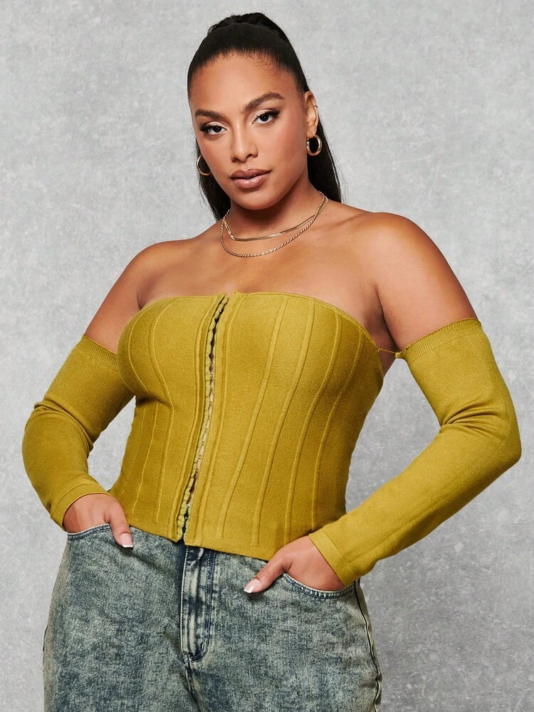 Plus Off Shoulder Hook and Eye Front Sweater