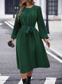 SHEIN Clasi Chất rắn Tay áo lồng đèn Váy có thắt lưng - Màu xanh lá cây đậm - Xem 5