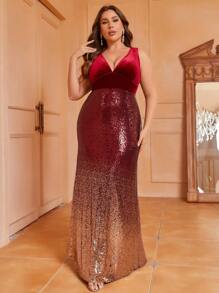 SHEIN Belle Burgundy Red Plus Plunging Neck Sequin Dress - Burgundy - View 7