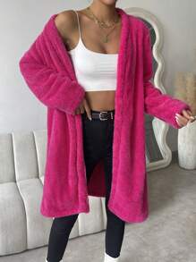 SHEIN Essnce 素色開門襟法蘭絨外套 - 玫紅色 - 查看 5