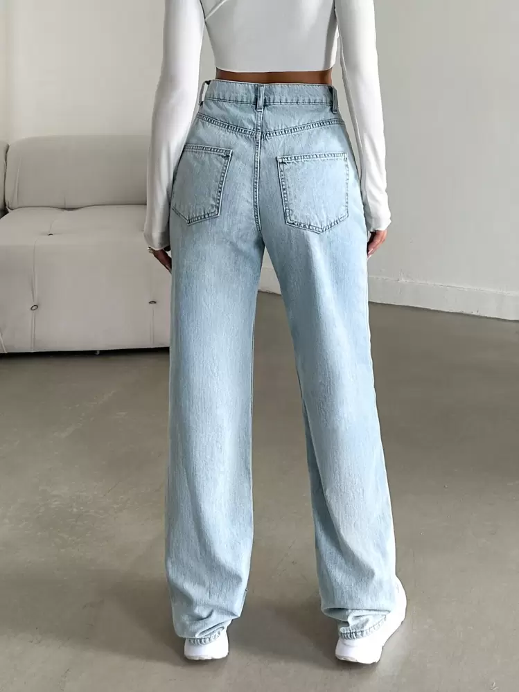 ZIRRA Jeans droits amples délavés bleu clair, mode de rue casual pour femmes. Vêtements d'automne pour femmes - Jean clair - Voir 2