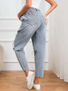 SHEIN Maternity Ripped Cut Out Tapered Jeans - Light Wash - View 2