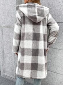 SHEIN LUNE Họa tiết kẻ sọc trâu Túi Kép áo có mũ Áo khoác Teddy - Xám - Xem 2