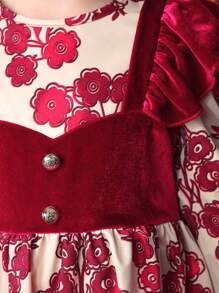 SHEIN Young Girl Floral Print Ruffle Trim Flounce Sleeve 2 In 1 Dress - Multicolor - View 4