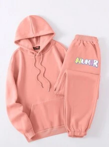 INAWLY Đồ họa Chữ Và Gấu Dây rút Lót nhiệt Áo Hoodie & Quần thể thao - Màu Hồng  San hô - Xem 2