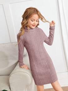 SHEIN Tween Girl Knitted Ribbed Elegant Dress With High Collar - Pink - View 1