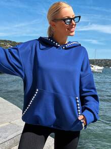 EURMUSE Pearls Beaded Kangaroo Pocket Drop Shoulder Hoodie - Royal Blue - View 6
