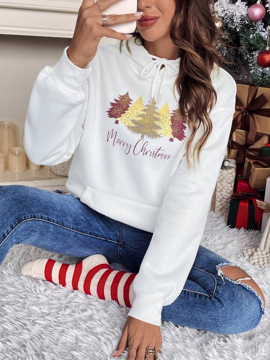 SHEIN Frenchy 聖誕圖案落肩袖抽繩連帽衫 - 白色 - 查看 1