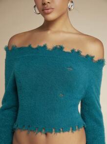 SHEIN BAE Off Shoulder Distressed Crop Sweater