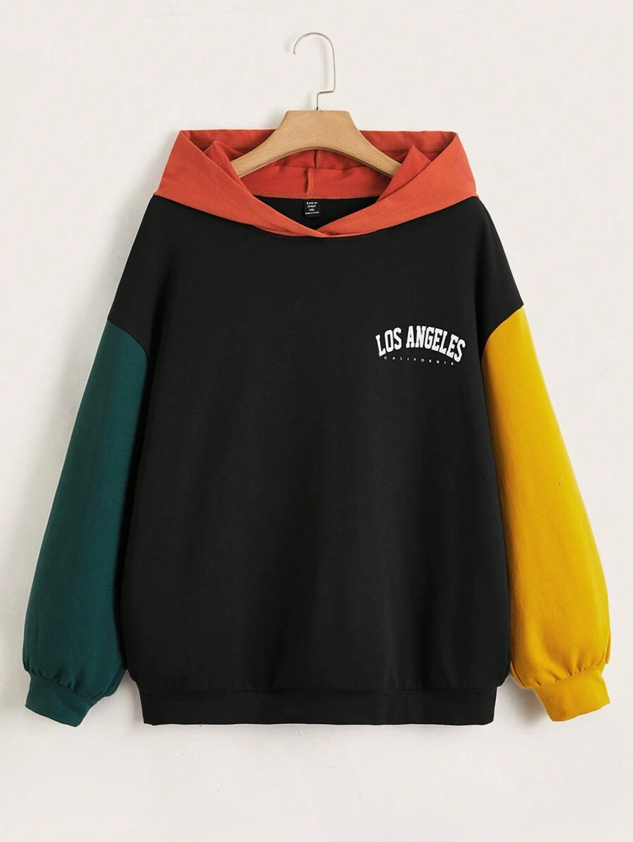 SHEIN EZwear 加大码字母图案撞色落肩卫衣 - 彩色 - 查看 1